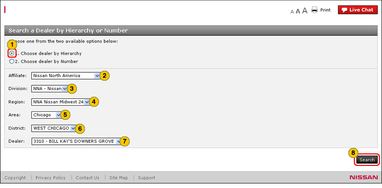 Search for a Dealer by Hierarchy or Number page - hierarchy field selection